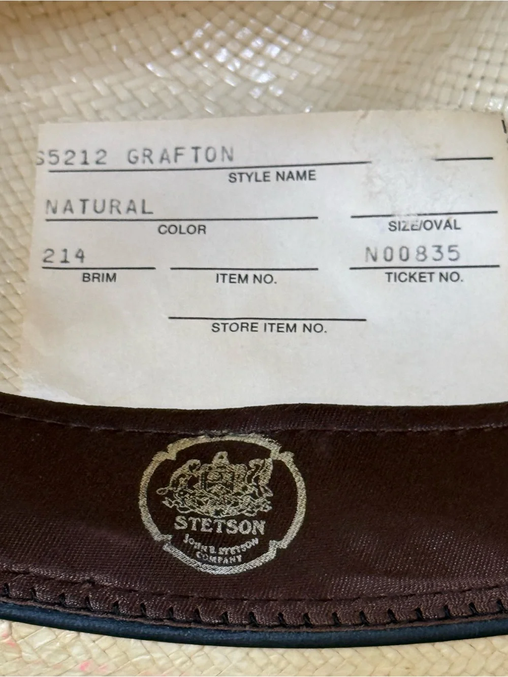 Stetson Natural Straw Hat with Brown Sweatband Large 7 1/4” - 7 3/8”